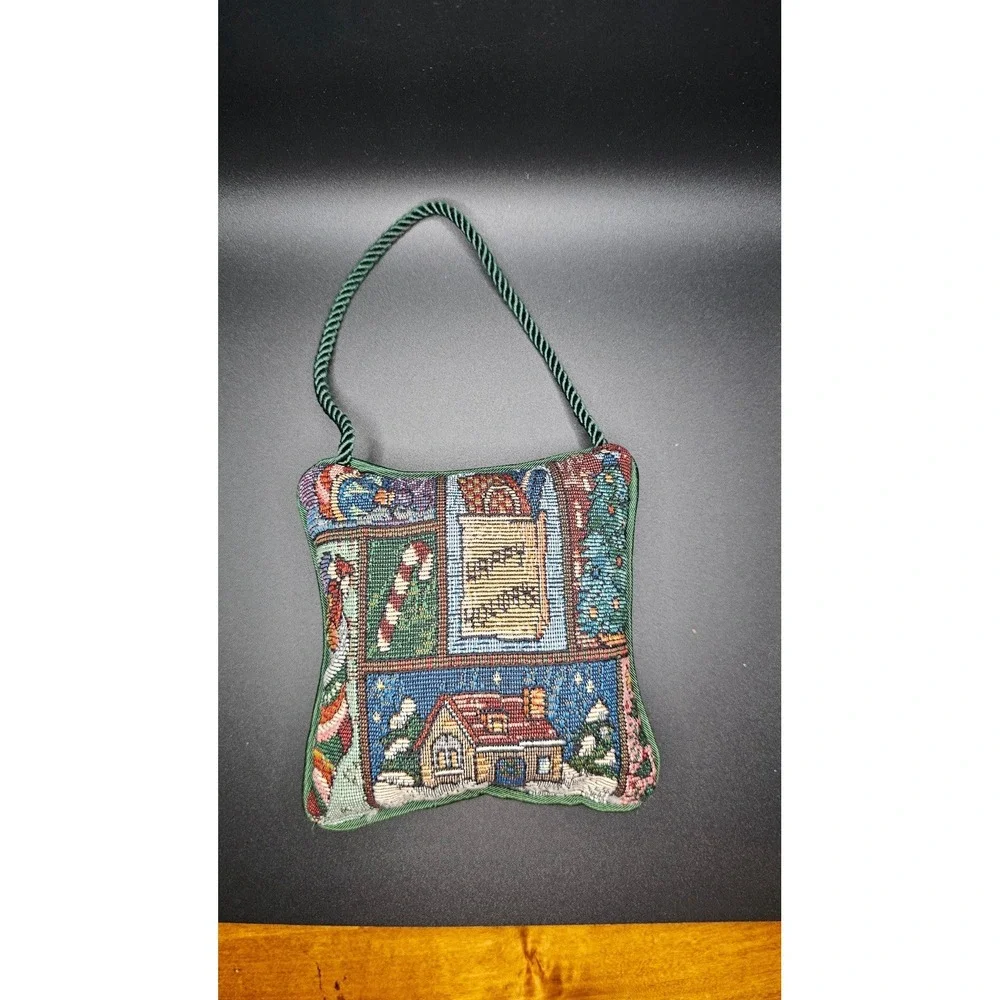 Vintage Needlepoint Tapestry Patchwork Satin Back Christmas Ornament Door Hanger